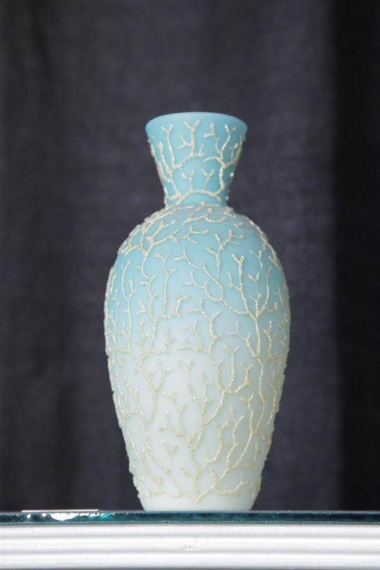 Appraisal: CORALINE VASE Soft blue to white satin glass vase with