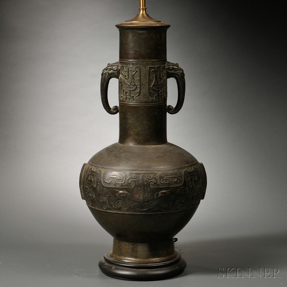 Appraisal: Bronze Vase Mounted as a Lamp China bottle shape the