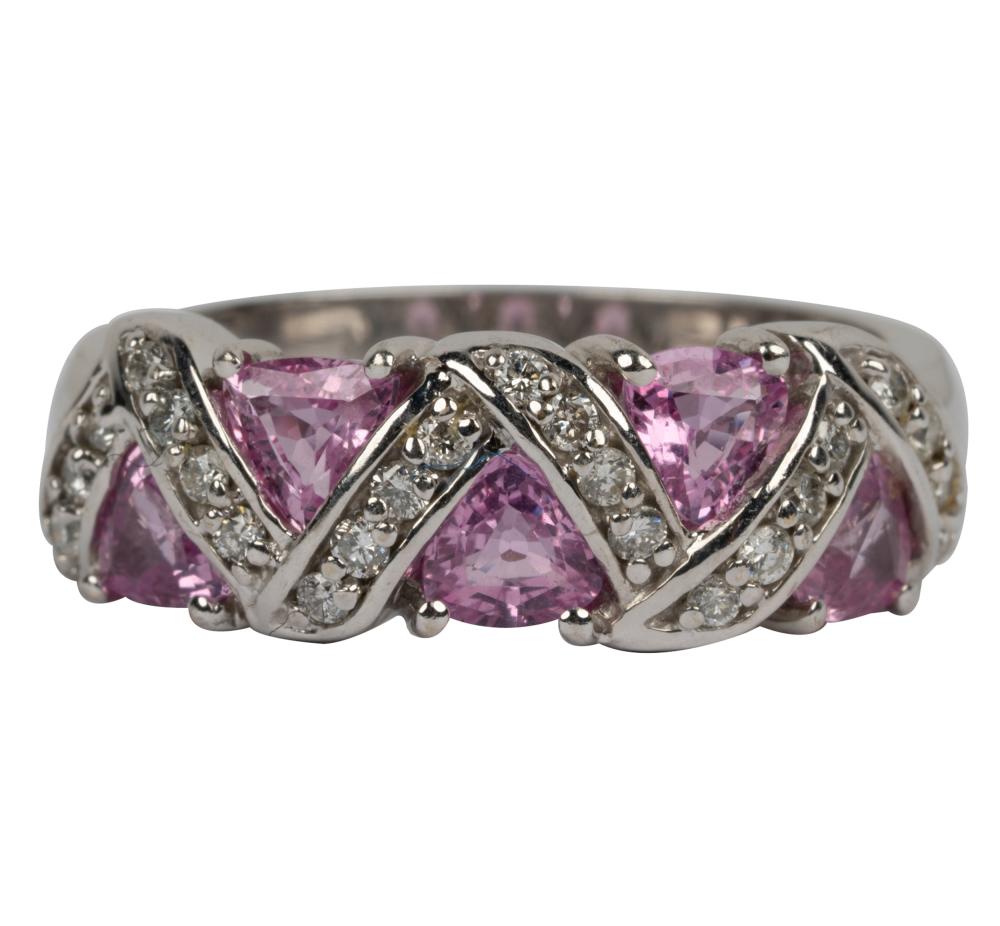 Appraisal: KARAT WHITE GOLD DIAMOND PINK SAPPHIRE RINGcontaining five triangle mixed