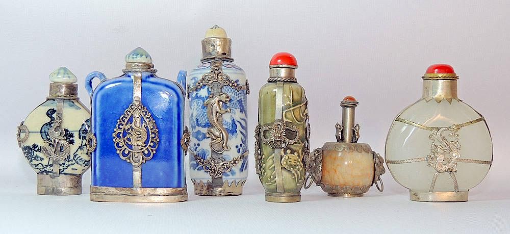 Appraisal: Grouping of Six Snuff Bottles Mounted in Metal Six snuff