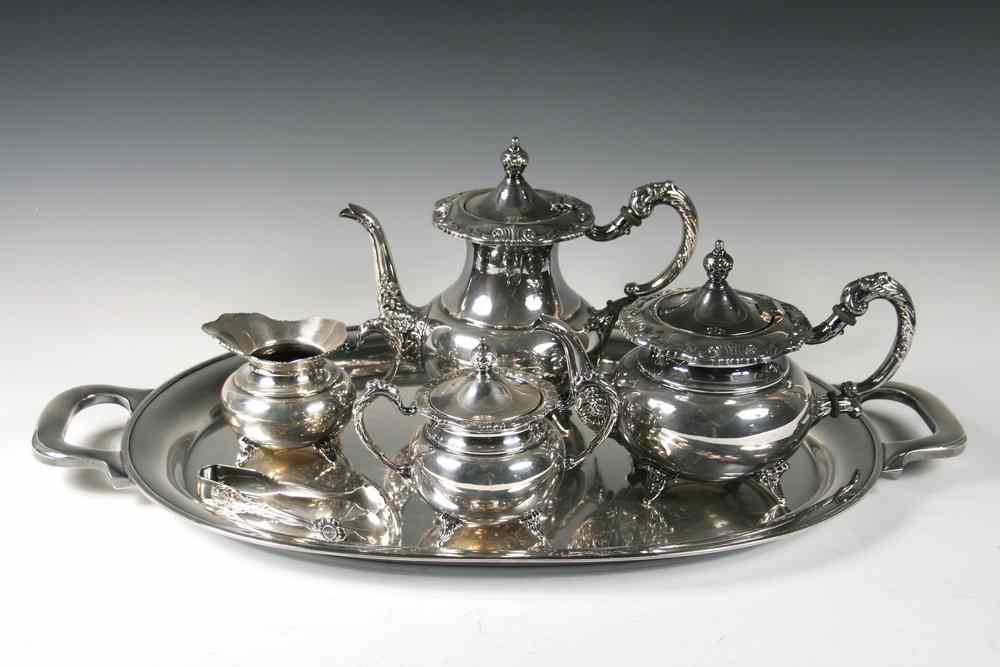 Appraisal: PC STERLING TEA SET ON TRAY CASED - Bailey Banks