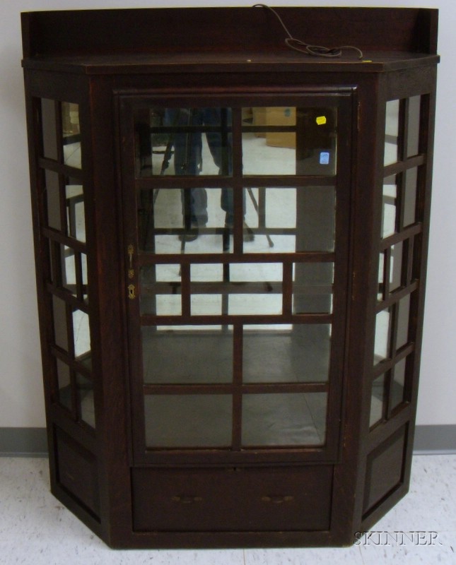 Appraisal: Arts Crafts Glazed Oak Mirrored Display Cabinet over Drawer the