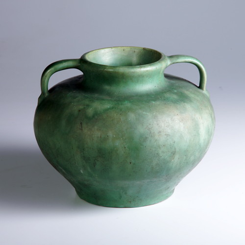 Appraisal: Mission pottery bulbous two-handled vase in mottled green glaze stamped