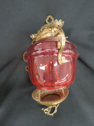 Appraisal: Victorian Cranberry Glass Hanging Light ribbed body