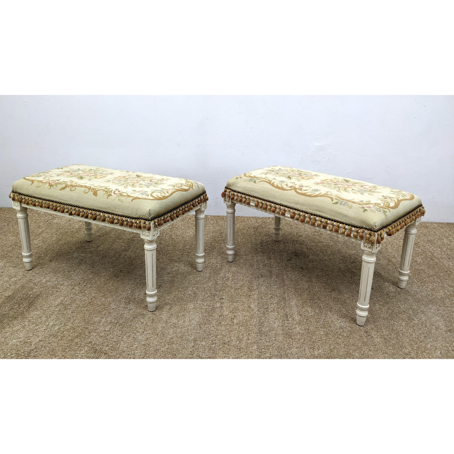 Appraisal: Pr Aubusson style upholstered benches Cream painted frames with reeded