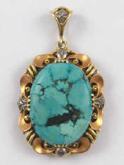 Appraisal: A three colour metal tests carat gold turquoise pendant with