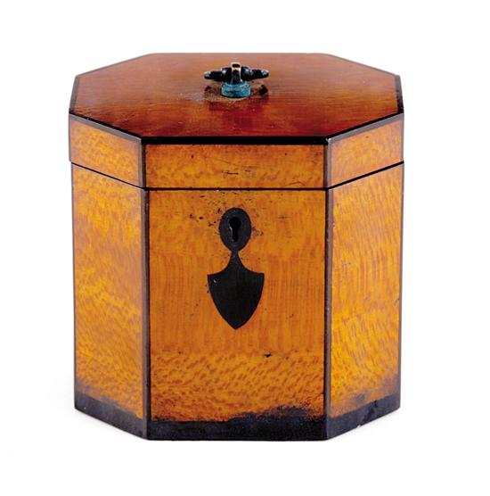 Appraisal: Regency style inlaid sycamore tea caddy octagonal form hinged lid