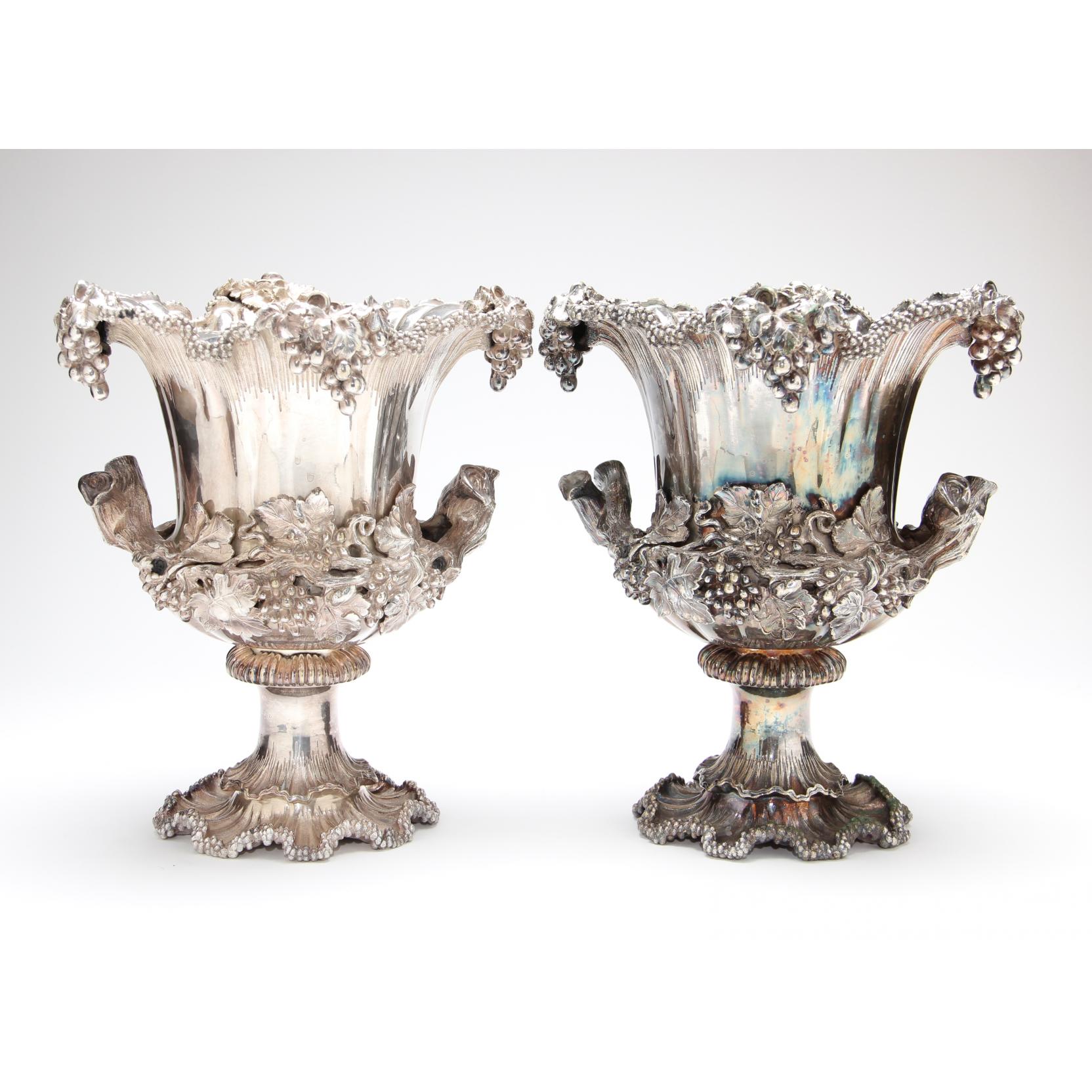 Appraisal: Pair of Antique Silverplate Ornate Wine Coolers unmarked highly ornamental