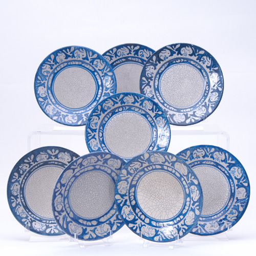 Appraisal: DEDHAM Eight Crackleware plates in the Clockwise Rabbit pattern Small