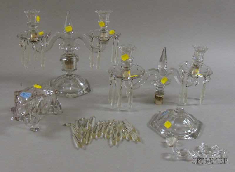 Appraisal: Two Colorless Molded Glass Candelabras and a Colorless Elephant-form Box