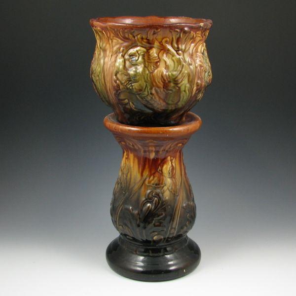 Appraisal: Blended glaze or Majolica jardiniere and pedestal with irises and