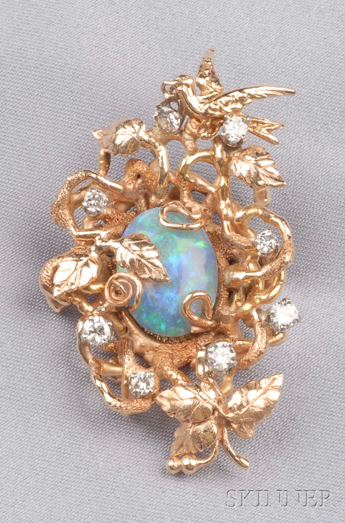 Appraisal: Black Opal and Diamond Brooch centering an opal cabochon amongst