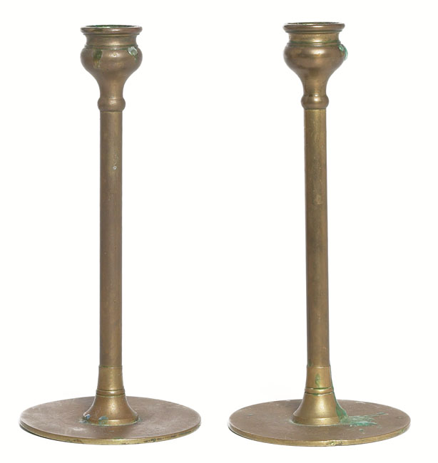 Appraisal: Arts amp Crafts candlesticks pair brass with original patina unmarked