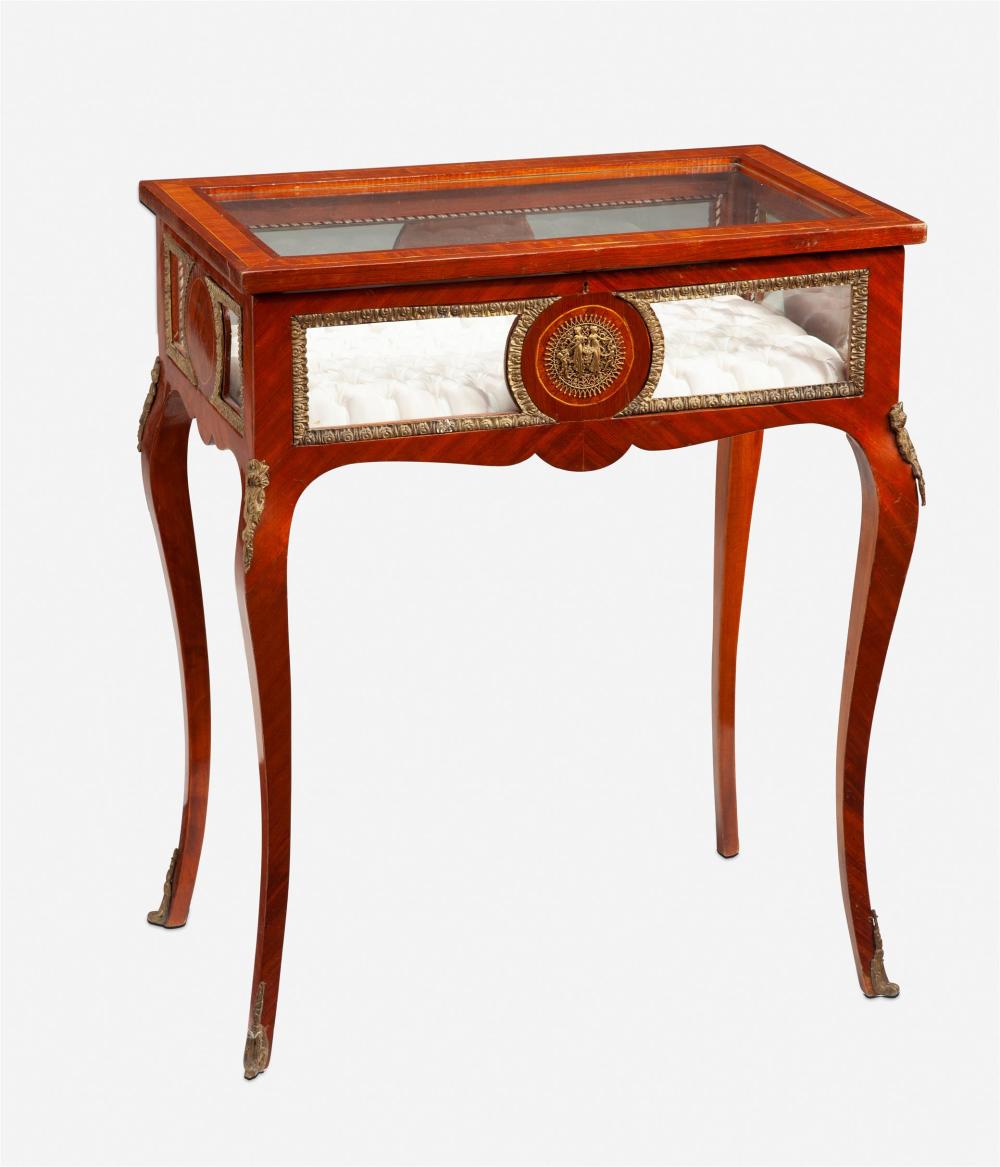 Appraisal: A French satinwood parquetry table vitrine Circa s The parquetry