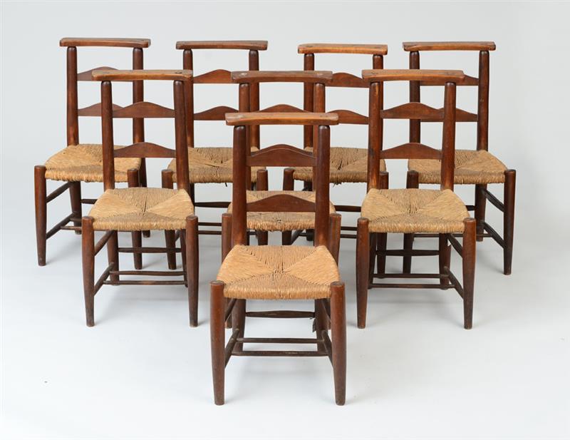 Appraisal: SET OF EIGHT ENGLISH BEECHWOOD LADDER-BACK CHURCH CHAIRS Each fitted