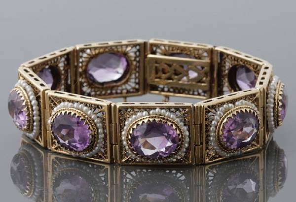 Appraisal: An amethyst seed pearl and k gold bracelet