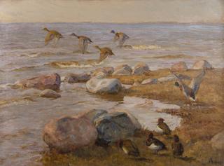 Appraisal: VICTOR JOHANSEN Danish born Ducks in Flight Oil on canvas