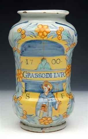 Appraisal: AN ITALIAN ALBARELLO with polychrome cartouche with inscription 'Grasso di