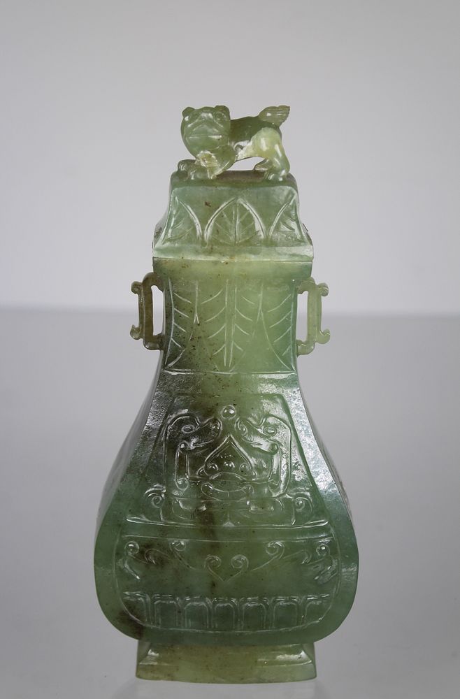 Appraisal: Carved Chinese Jade Lidded Vase Carved Twin Handled Chinese Jade