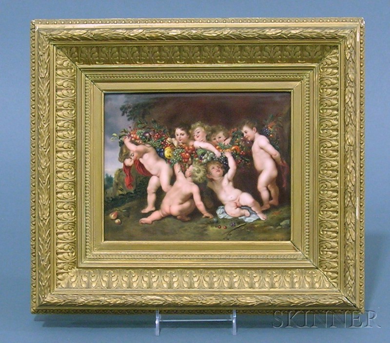 Appraisal: German Painted Porcelain Plaque of Bacchic Cherubs after Peter Paul