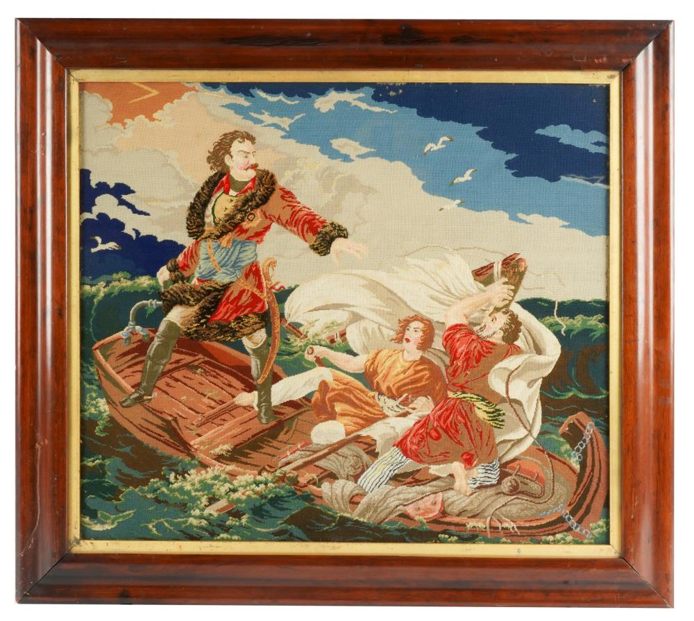 Appraisal: FRAMED NEEDLEPOINT PANELdepicting figures on a boat on rough seas