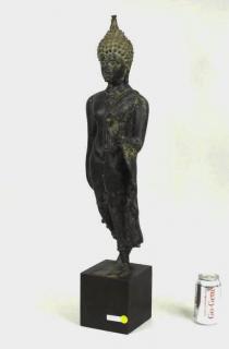 Appraisal: Southeast Asian Bronze Striding Buddha On Stand Southeast Asian bronze