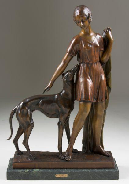 Appraisal: Ignacio Gallo Spanish d Art Deco Bronze Girl With Greyhound