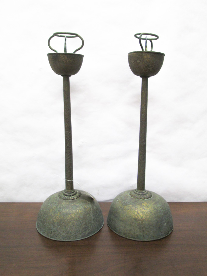 Appraisal: PAIR OF JAPANESE GILT COPPER SHOKUDAI CANDLE HOLDERS Taisho era