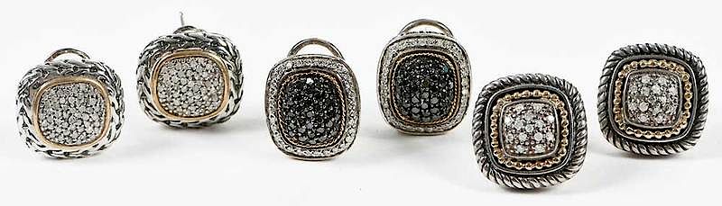 Appraisal: Three Pairs Gold Silver and Diamond Earrings with white and