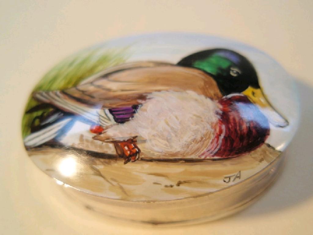 Appraisal: A modern silver oval pill box the hinged cover painted