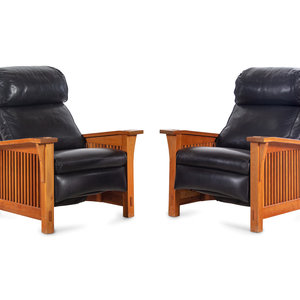 Appraisal: A Pair of Contemporary Stickley Oak and Leather Morris Recliner