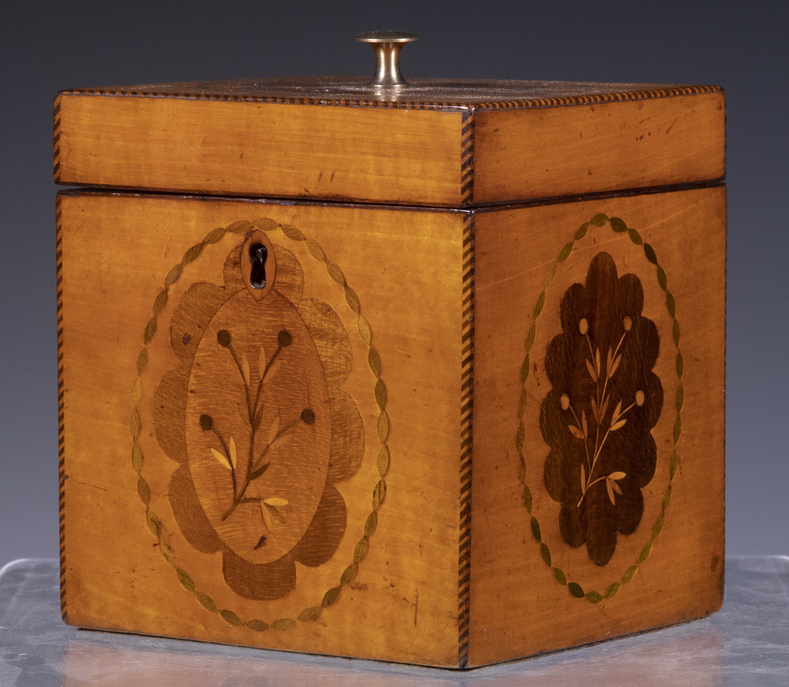 Appraisal: INLAID SATINWOOD TEA CADDY th c English Tea Caddy with