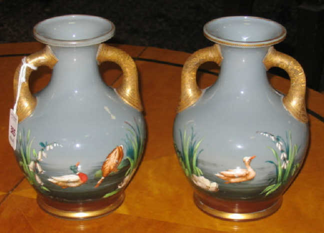 Appraisal: PAIR OF GRAY GLASS HAND DECORATED VASES Typical form painted