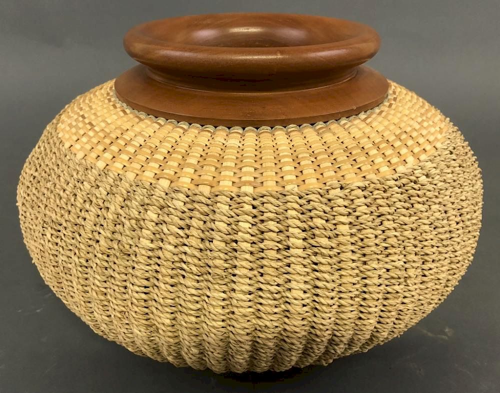 Appraisal: Barbara Dengler Seagrass Reed Wood Basket Barbara Dengler American th