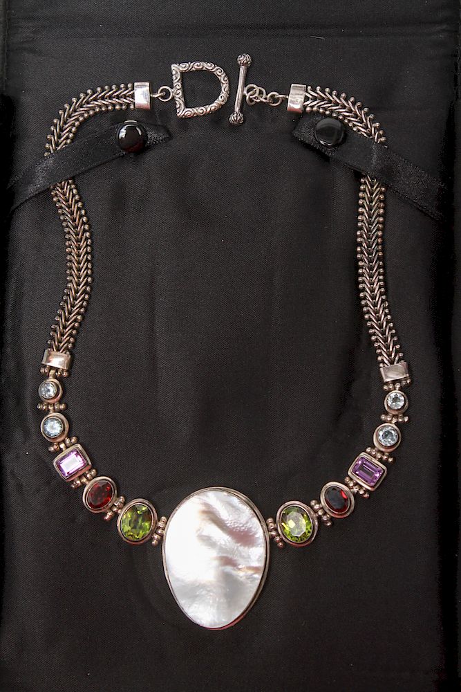 Appraisal: Sterling Silver Semi-Precious Stones Necklace Sterling silver necklace with mother