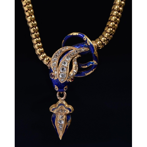 Appraisal: A Victorian diamond and gold and blue enamel snake necklet