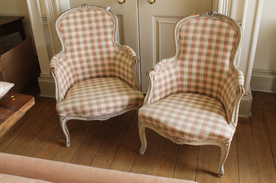 Appraisal: A pair of Louis XV style painted fauteils with pink