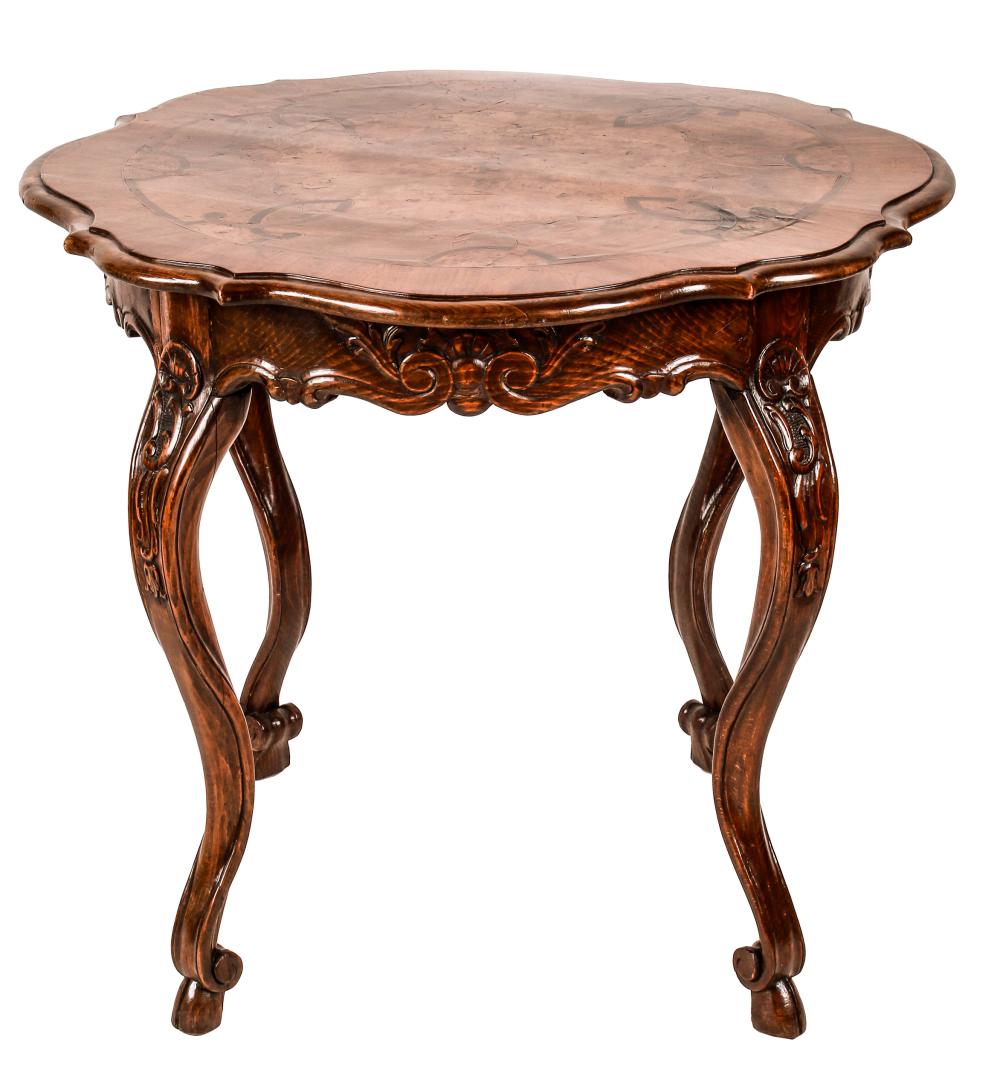 Appraisal: FRENCH INLAID SALON TABLEwith inlaid burl top Provenance The Estate