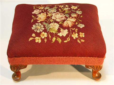 Appraisal: QUEEN ANNE STYLE MAPLE NEEDLEPOINT FOOTSTOOL Twentieth century - h