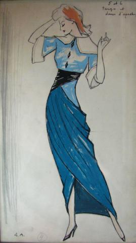 Appraisal: Initialed G A x pencil and watercolor original costume design