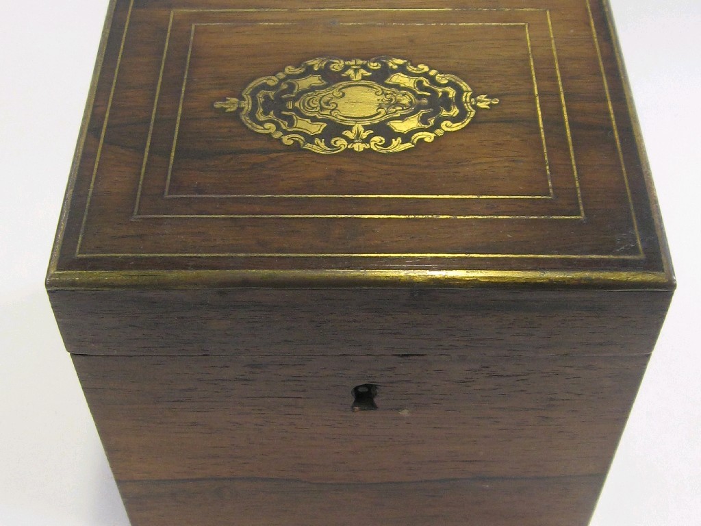 Appraisal: Brass inlaid rosewood teacaddy