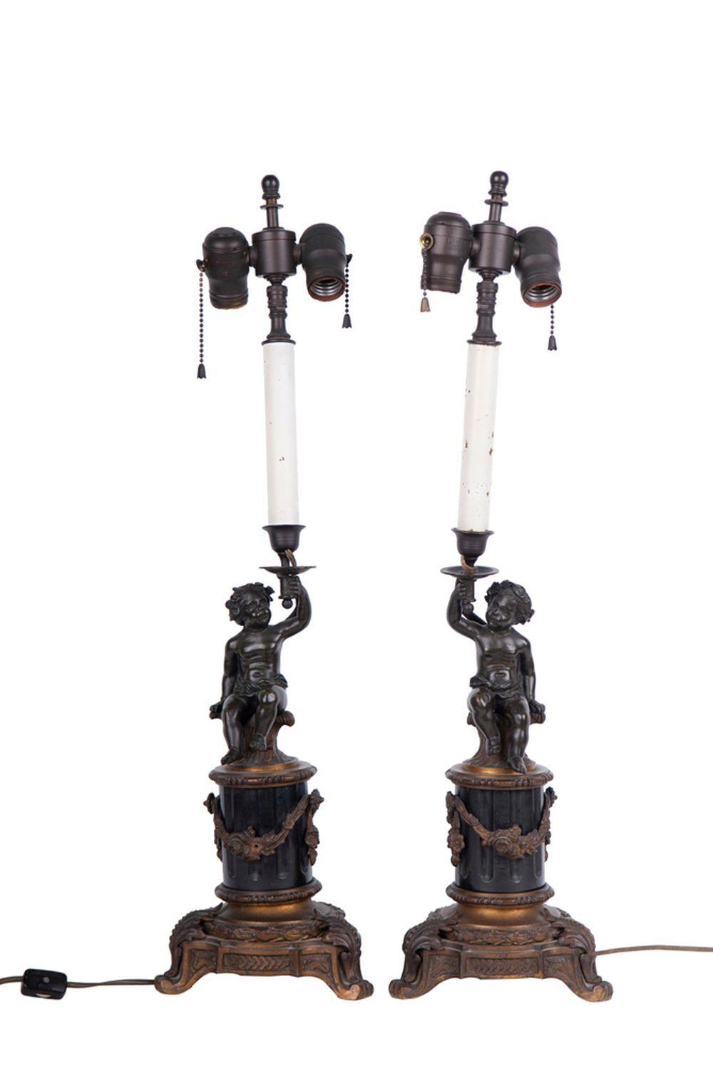 Appraisal: PAIR OF FRENCH BRONZE FIGURAL CANDELABRAmounted as table lamps inches