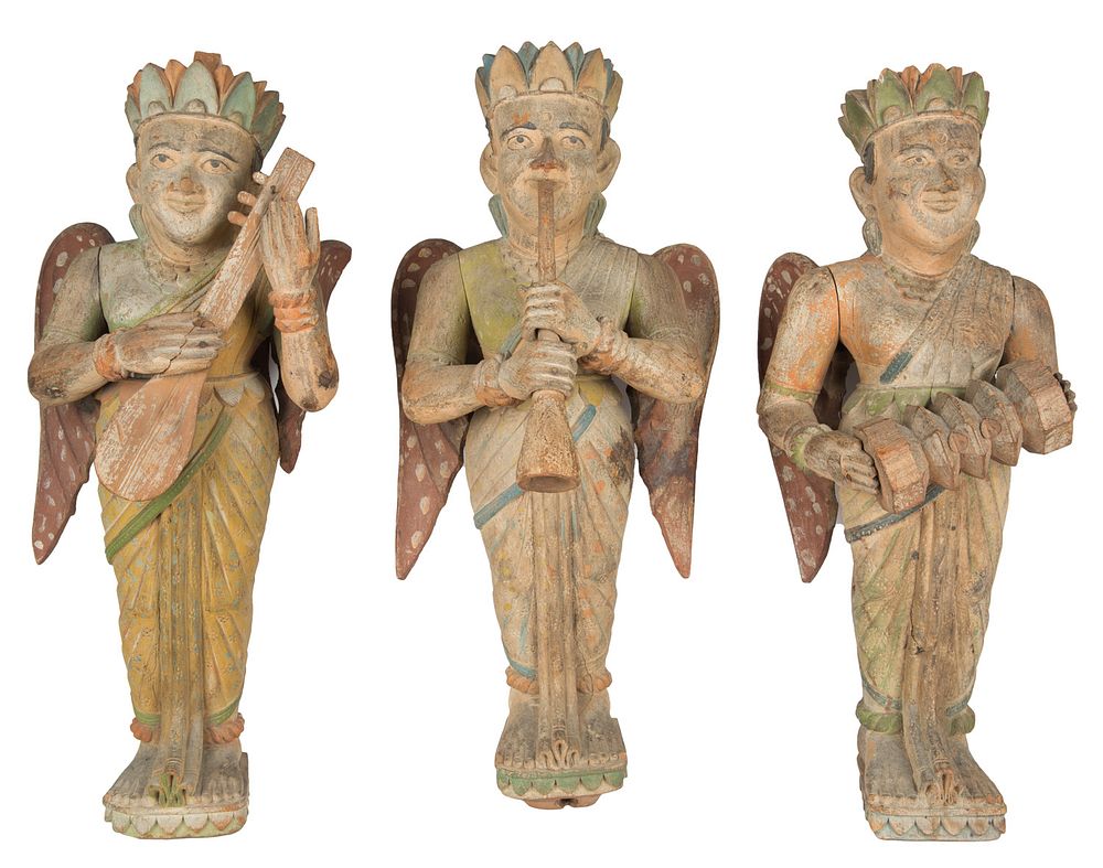 Appraisal: A GROUP OF THREE INDIAN POLYCHROME FIGURATIVE WALL MOUNTS LATE