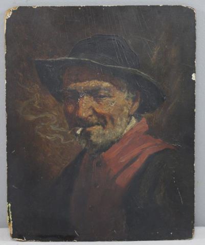 Appraisal: Singed th C Oil on Panel Man Smoking aCigarette Signed