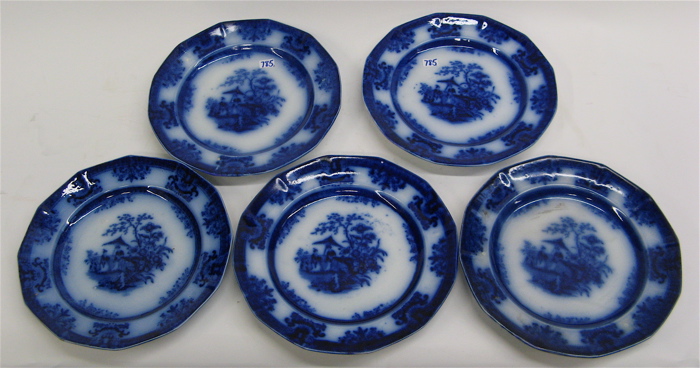 Appraisal: FIVE ENGLISH DAVENPORT FLOW BLUE SERVICE PLATES in the Amoy