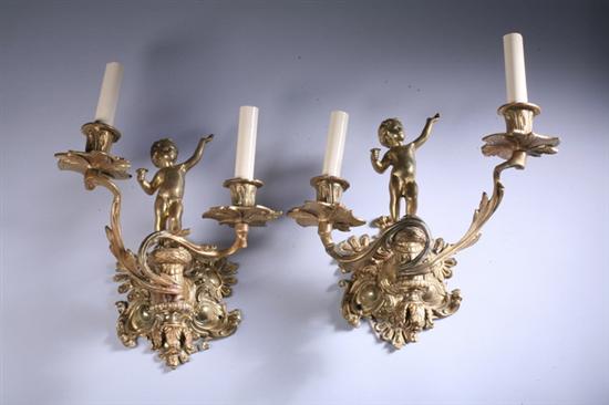 Appraisal: PAIR LOUIS XV-STYLE BRONZE-DOR TWO-LIGHT SCONCES late th-early th century