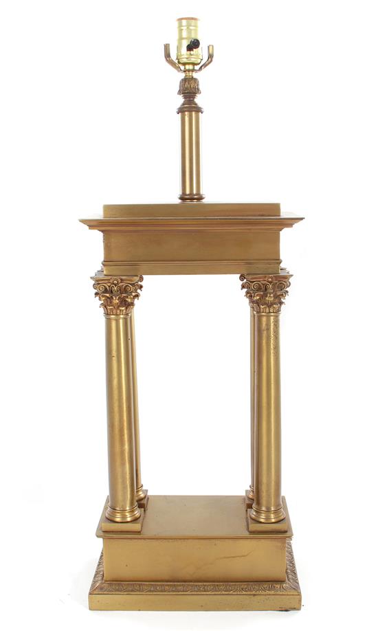 Appraisal: French gilt-bronze portico case converted to lamp H W D