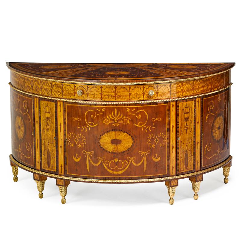 Appraisal: GEORGE III STYLE DEMILUNE CABINET Gilt-bronze mounted satinwood and marquetry