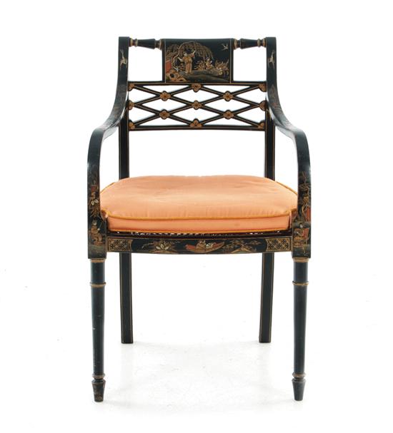 Appraisal: Regency style Chinoiserie-decorated armchair pierced backsplat with decorated panel cane