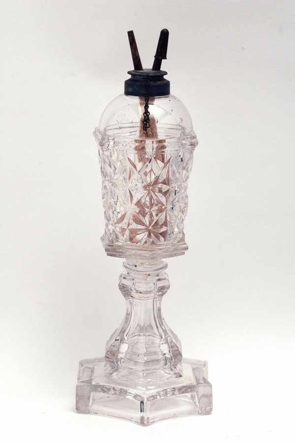 Appraisal: Pressed glass whale oil lamp faceted font on hexagon pedestal